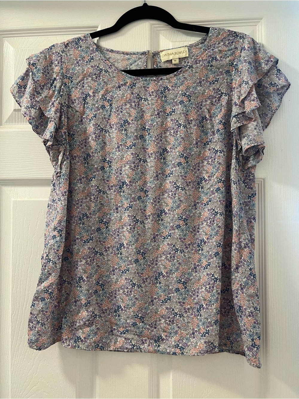 Cynthia Rowley Floral Ruffle-Sleeve Blouse - Pink, Blue & Cream - Picture 1 of 3